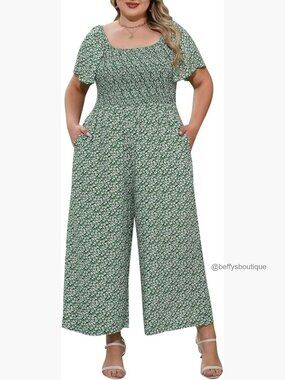 Plus Size Casual Long Jumpsuit with Pockets Smocked Waist